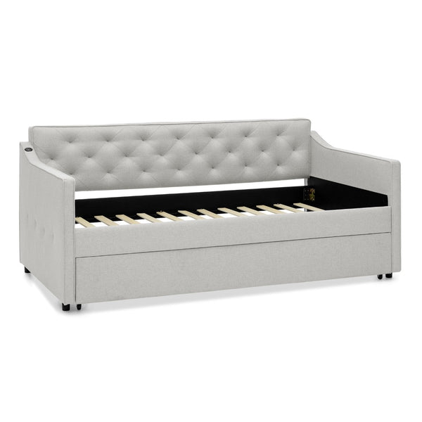 English Elm Spare Twin Daybed with Trundle Linen Upholstered Button Tufted Mid Century Sofa W1413P329283