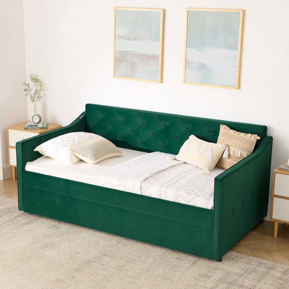 English Elm Spare Part Mid-century Daybed with Trundle Button-tufted Upholstered Guest Lounge W1413P329288