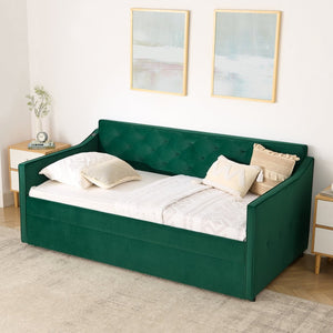 English Elm Spare Part Mid-century Daybed with Trundle Button-tufted Upholstered Guest Lounge W1413P329288