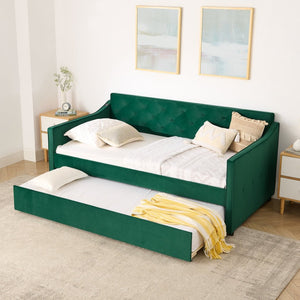English Elm Spare Part Mid-century Daybed with Trundle Button-tufted Upholstered Guest Lounge W1413P329288