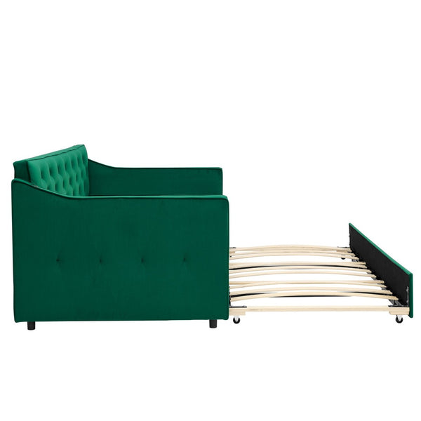 English Elm Spare Part Mid-century Daybed with Trundle Button-tufted Upholstered Guest Lounge W1413P329288