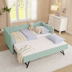 English Elm Spare Parts Plaid Upholstered Daybed with USB Port Sofa Bed for Guest or Kids Room Cyan W1413P378610