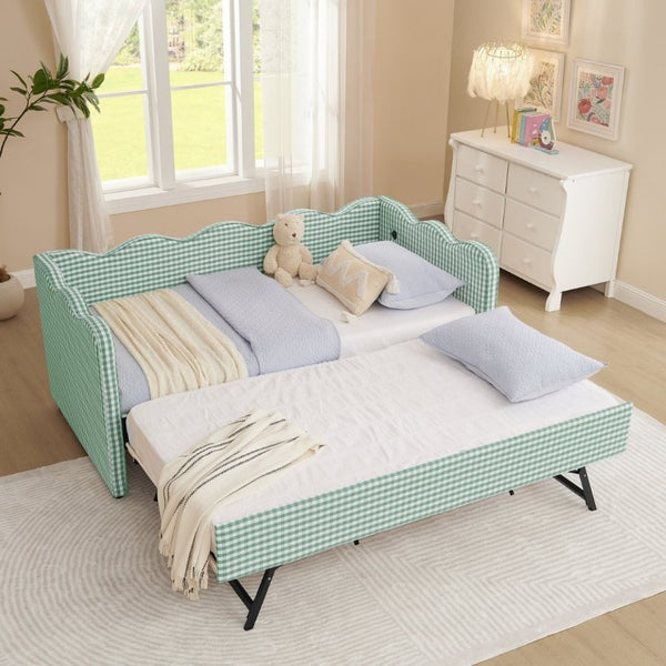 English Elm Spare Parts Plaid Upholstered Daybed with USB Port Sofa Bed for Guest or Kids Room Cyan W1413P378610
