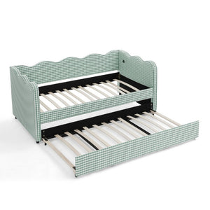 English Elm Spare Parts Plaid Upholstered Daybed with USB Port Sofa Bed for Guest or Kids Room Cyan W1413P378610