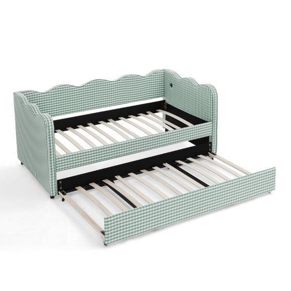 English Elm Spare Parts Plaid Upholstered Daybed with USB Port Sofa Bed for Guest or Kids Room Cyan W1413P378610