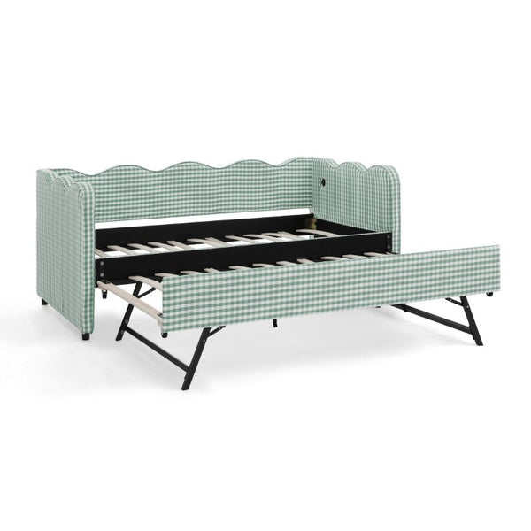 English Elm Spare Parts Plaid Upholstered Daybed with USB Port Sofa Bed for Guest or Kids Room Cyan W1413P378610