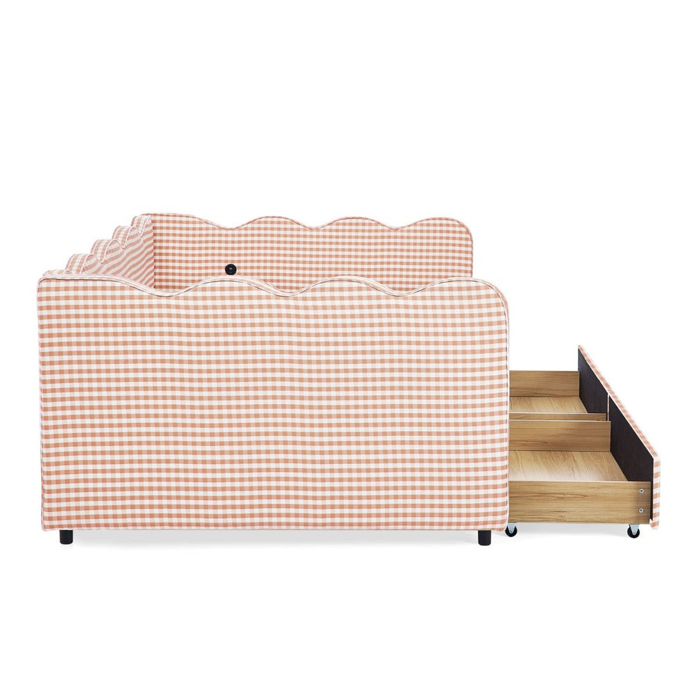 English Elm Spare Parts Plaid Upholstered Convertible Daybed with Usb Charging Wavy Silhouette W1413P384944
