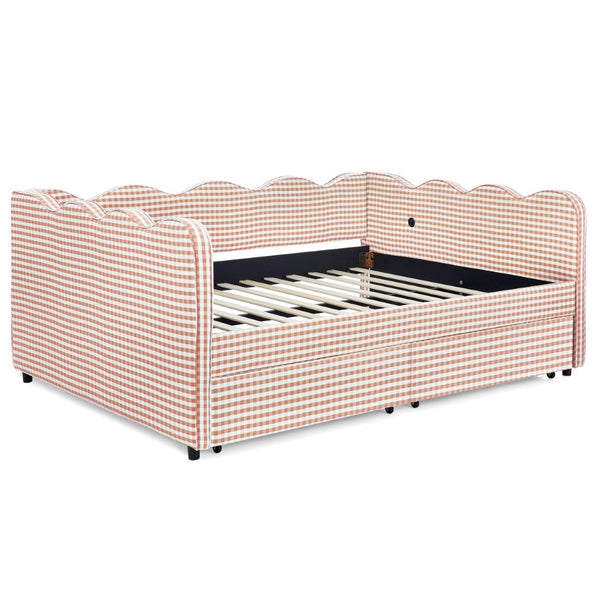 English Elm Spare Parts Plaid Upholstered Convertible Daybed with Usb Charging Wavy Silhouette W1413P384944