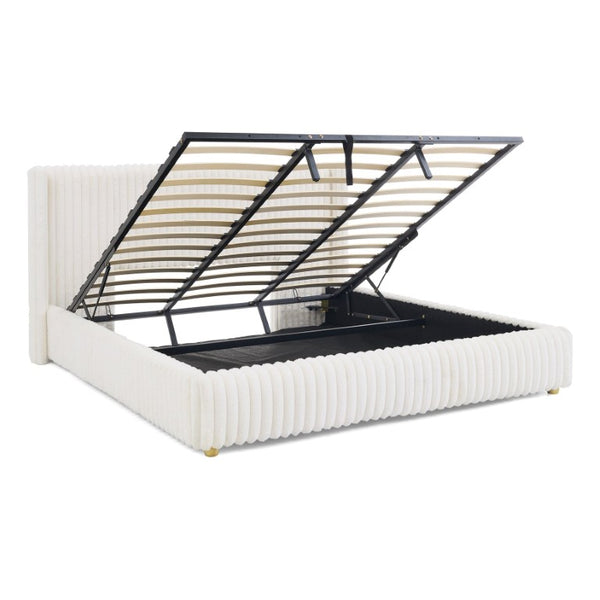 English Elm Spare Parts Upholstered Storage Platform Bed with LED Headboard and Built-In Side Shelves Beige Boucle W1413P433381