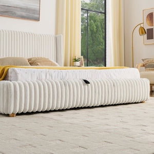 English Elm Spare Parts Upholstered Storage Platform Bed with LED Headboard and Built-In Side Shelves Beige Boucle W1413P433381