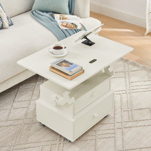 English Elm High-gloss Lacquered Rolling Lift Top End Table with Built-in Charging and Lockable Casters White W1413P447451