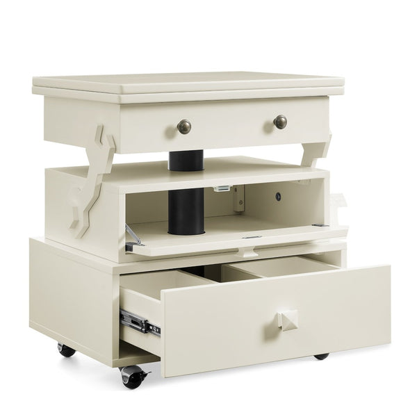 English Elm High-gloss Lacquered Rolling Lift Top End Table with Built-in Charging and Lockable Casters White W1413P447451