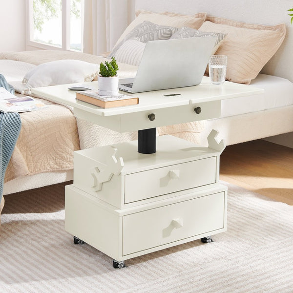 English Elm High-gloss Lacquered Rolling Lift Top End Table with Built-in Charging and Lockable Casters White W1413P447451