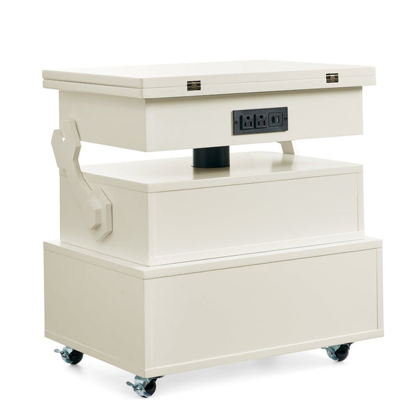 English Elm High-gloss Lacquered Rolling Lift Top End Table with Built-in Charging and Lockable Casters White W1413P447451
