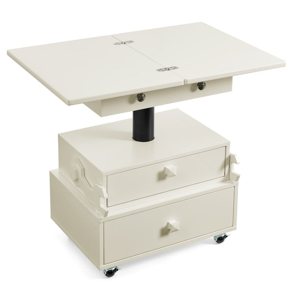 English Elm High-gloss Lacquered Rolling Lift Top End Table with Built-in Charging and Lockable Casters White W1413P447451