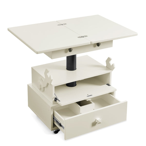 English Elm High-gloss Lacquered Rolling Lift Top End Table with Built-in Charging and Lockable Casters White W1413P447451