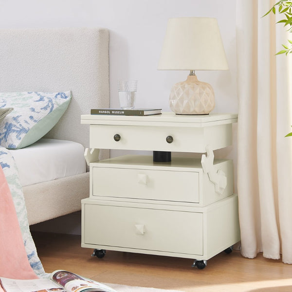 English Elm High-gloss Lacquered Rolling Lift Top End Table with Built-in Charging and Lockable Casters White W1413P447451