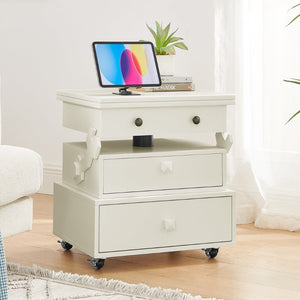 English Elm High-gloss Lacquered Rolling Lift Top End Table with Built-in Charging and Lockable Casters White W1413P447451