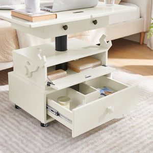 English Elm High-gloss Lacquered Rolling Lift Top End Table with Built-in Charging and Lockable Casters White W1413P447451