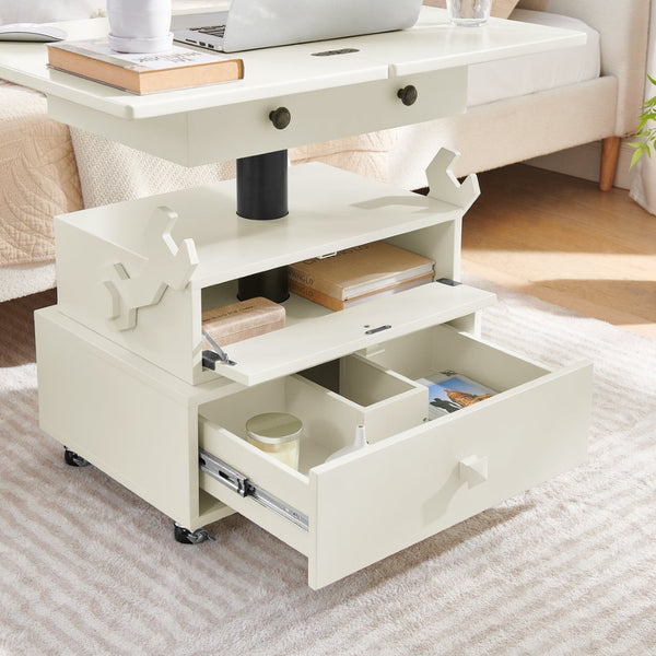 English Elm High-gloss Lacquered Rolling Lift Top End Table with Built-in Charging and Lockable Casters White W1413P447451