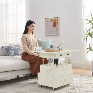 English Elm High-gloss Lacquered Rolling Lift Top End Table with Built-in Charging and Lockable Casters White W1413P447451