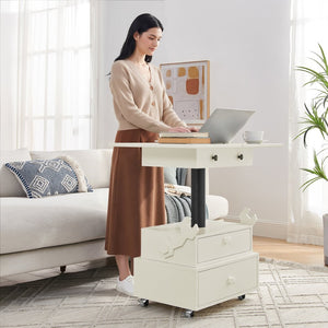 English Elm High-gloss Lacquered Rolling Lift Top End Table with Built-in Charging and Lockable Casters White W1413P447451