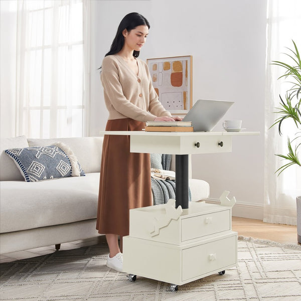 English Elm High-gloss Lacquered Rolling Lift Top End Table with Built-in Charging and Lockable Casters White W1413P447451