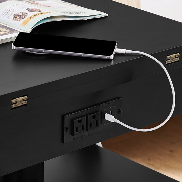 English Elm High-gloss Lacquered Rolling Lift Top End Table with Built-in Charging and Lockable Casters Black W1413P447452
