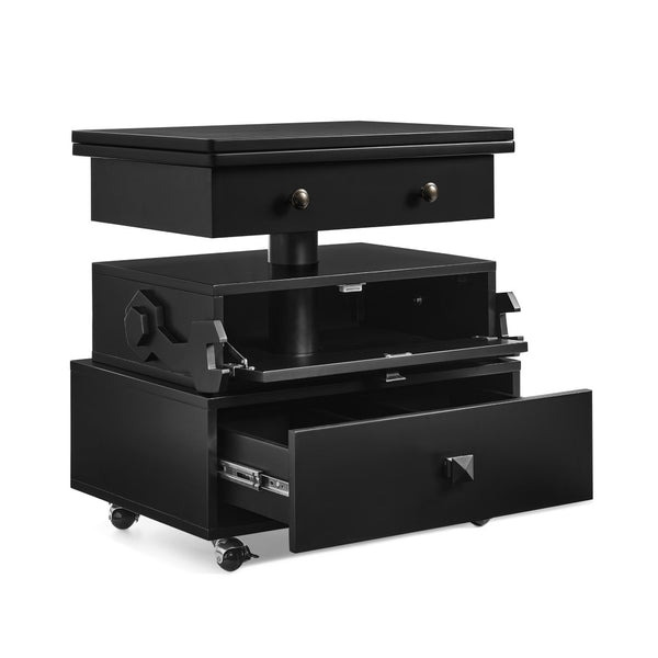 English Elm High-gloss Lacquered Rolling Lift Top End Table with Built-in Charging and Lockable Casters Black W1413P447452
