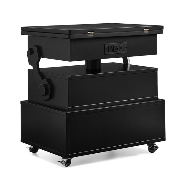 English Elm High-gloss Lacquered Rolling Lift Top End Table with Built-in Charging and Lockable Casters Black W1413P447452