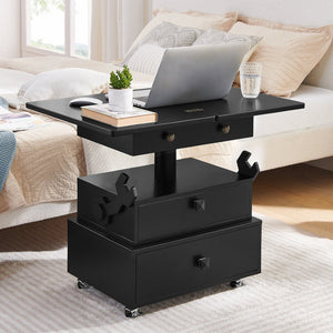English Elm High-gloss Lacquered Rolling Lift Top End Table with Built-in Charging and Lockable Casters Black W1413P447452