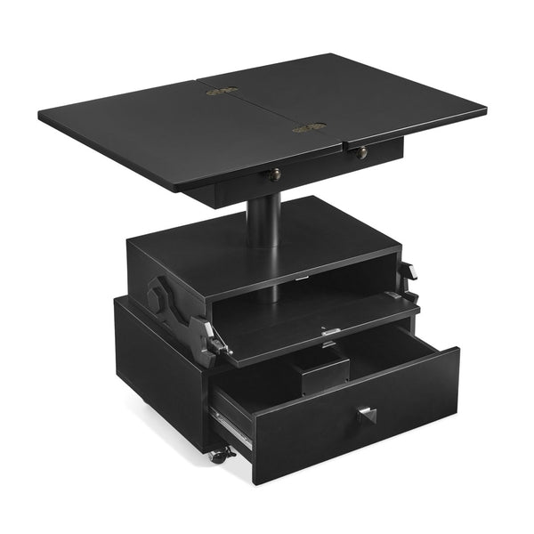 English Elm High-gloss Lacquered Rolling Lift Top End Table with Built-in Charging and Lockable Casters Black W1413P447452