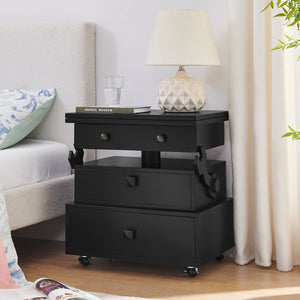 English Elm High-gloss Lacquered Rolling Lift Top End Table with Built-in Charging and Lockable Casters Black W1413P447452