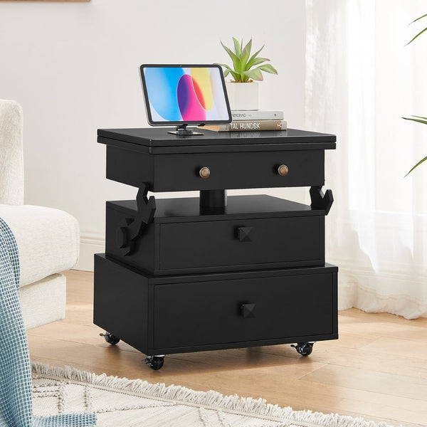 English Elm High-gloss Lacquered Rolling Lift Top End Table with Built-in Charging and Lockable Casters Black W1413P447452