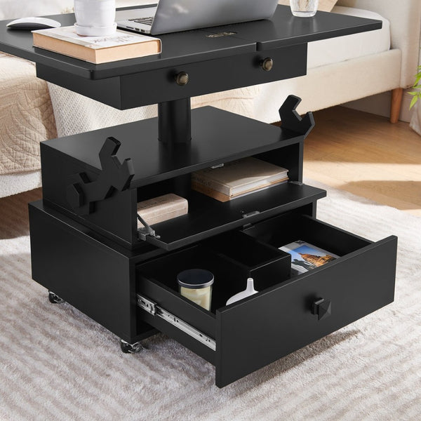 English Elm High-gloss Lacquered Rolling Lift Top End Table with Built-in Charging and Lockable Casters Black W1413P447452