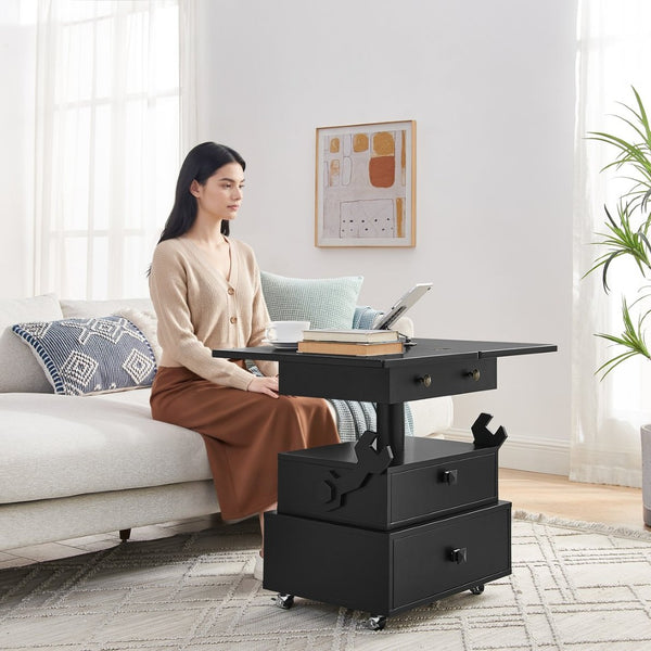 English Elm High-gloss Lacquered Rolling Lift Top End Table with Built-in Charging and Lockable Casters Black W1413P447452