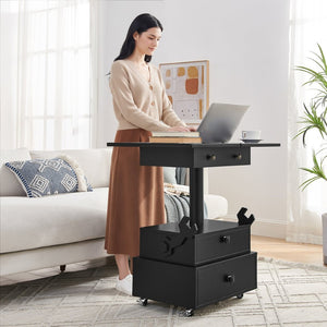 English Elm High-gloss Lacquered Rolling Lift Top End Table with Built-in Charging and Lockable Casters Black W1413P447452