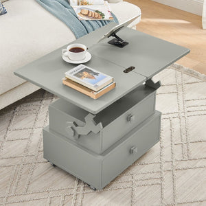 English Elm High-gloss Lacquered Rolling Lift Top End Table with Built-in Charging and Lockable Casters Grey W1413P447453
