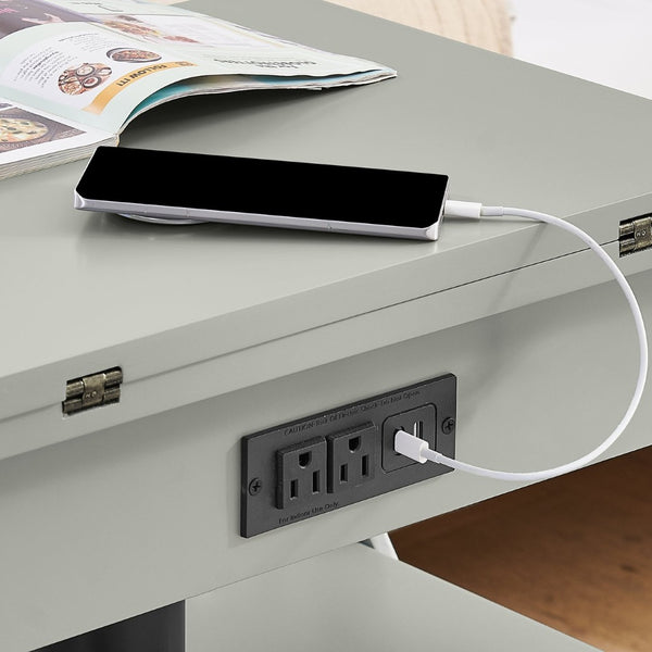 English Elm High-gloss Lacquered Rolling Lift Top End Table with Built-in Charging and Lockable Casters Grey W1413P447453