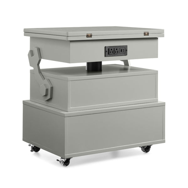 English Elm High-gloss Lacquered Rolling Lift Top End Table with Built-in Charging and Lockable Casters Grey W1413P447453