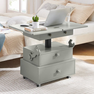 English Elm High-gloss Lacquered Rolling Lift Top End Table with Built-in Charging and Lockable Casters Grey W1413P447453