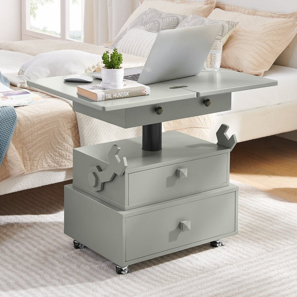 English Elm High-gloss Lacquered Rolling Lift Top End Table with Built-in Charging and Lockable Casters Grey W1413P447453