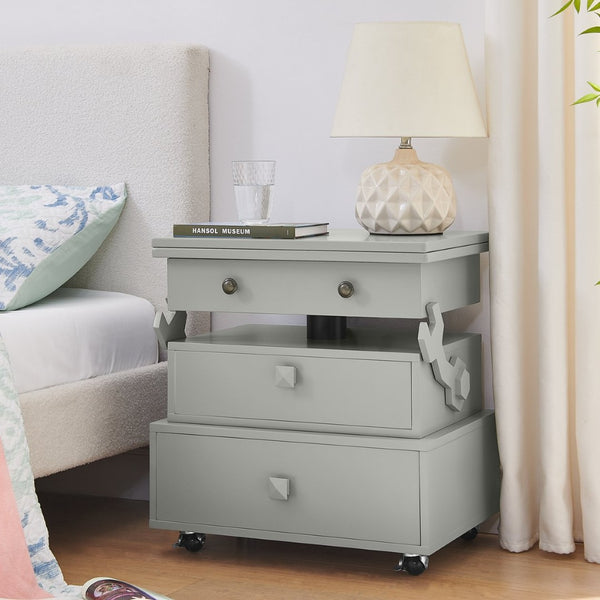 English Elm High-gloss Lacquered Rolling Lift Top End Table with Built-in Charging and Lockable Casters Grey W1413P447453