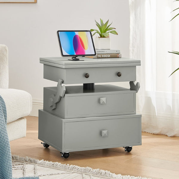 English Elm High-gloss Lacquered Rolling Lift Top End Table with Built-in Charging and Lockable Casters Grey W1413P447453