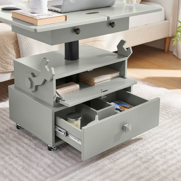 English Elm High-gloss Lacquered Rolling Lift Top End Table with Built-in Charging and Lockable Casters Grey W1413P447453