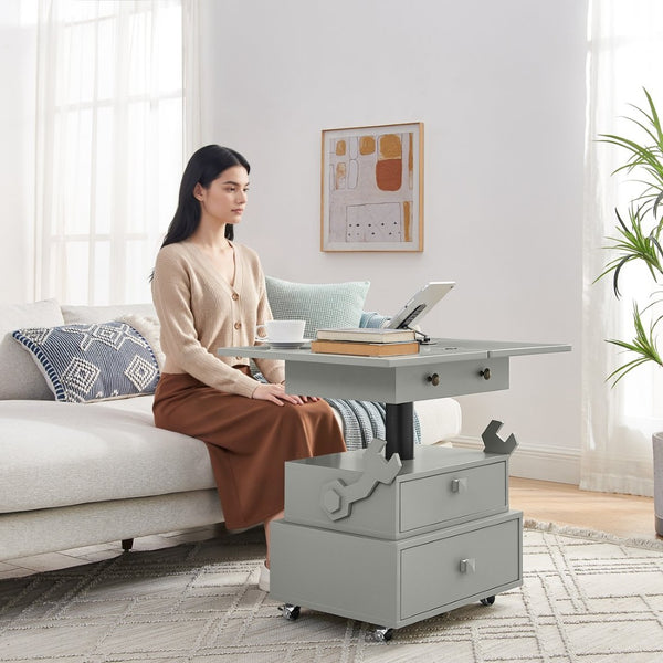 English Elm High-gloss Lacquered Rolling Lift Top End Table with Built-in Charging and Lockable Casters Grey W1413P447453