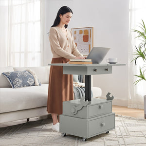 English Elm High-gloss Lacquered Rolling Lift Top End Table with Built-in Charging and Lockable Casters Grey W1413P447453