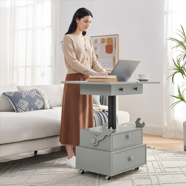 English Elm High-gloss Lacquered Rolling Lift Top End Table with Built-in Charging and Lockable Casters Grey W1413P447453