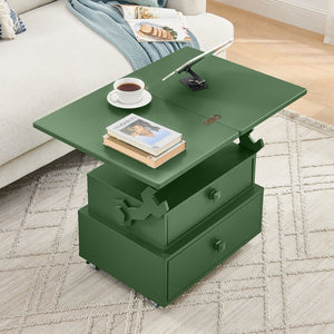English Elm High-gloss Lacquered Rolling Lift Top End Table with Built-in Charging and Lockable Casters Green W1413P447454