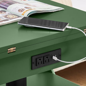 English Elm High-gloss Lacquered Rolling Lift Top End Table with Built-in Charging and Lockable Casters Green W1413P447454